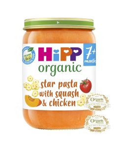 Jar of HiPP Organic star pasta with squash & chicken 7+ months